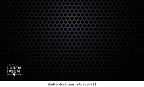 Black Metal Hexagon Grid Steel Background. Hexagonal Holes Perforated Sheet Metal or Carbon Fiber Texture. New Strong Nanomaterial Technology Abstract Vector Illustration.
