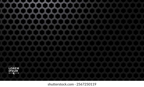 Black Metal Hexagon Grid Steel Background. Hexagonal Holes Perforated Sheet Metal or Carbon Fiber Texture. New Strong Nanomaterial Technology Abstract Vector Illustration.