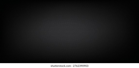 Black Metal Hexagon Grill Texture featuring metallic honeycomb mesh, carbon dark background, industrial steel grate, automotive radiator grill, tech pattern.