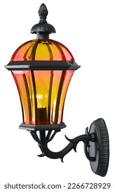 Black metal lantern with light isolated on white background