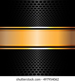 Black metal mesh and gold label banner background vector illustration.