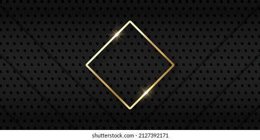 Black Metal Meshed Background with Golden Shiny Rhombus. Steel Metal Dark Black Background Perforated by Dots. Grid Pattern and 3D Lines. Abstract Modern Design. Vector Illustration.