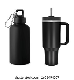 Black metal mug blank. Stainless water bottle design. Drink container mockup, vacuum tumbler product. Reusable sport bottle, aluminum flask with handle for hot or cold temperature