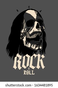Black metal music long haired skull with painted face with open mouth singing. hard rock music vector illustration.