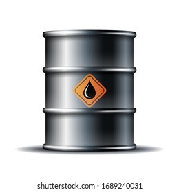 Black metal oil barrel with black oil drop isolated on white background. Vector illustration