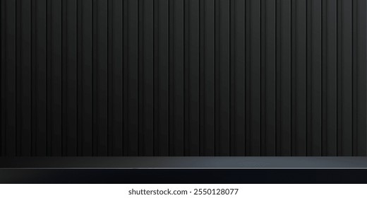 Black metal panel background with limbo effect. Abstract dark vertical wall of studio, room, stand for product display. Modern banner with empty place for advertising. Vector illustration.