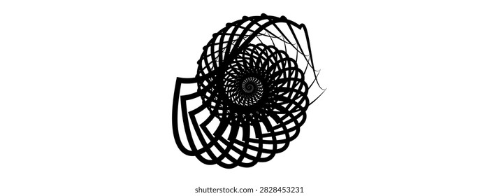 black metal parametric sculpture exhibiting a complex, natural-looking logarithmic spiral with layered curved segments is presented on a minimalist art desk.