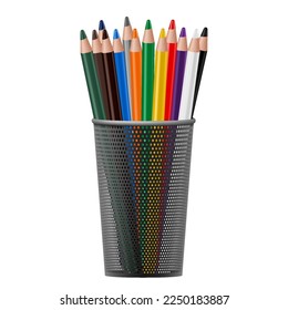 Black metal pencil cup filled with colorful used pencils, isolated on a white background. Realistic 3D vector illustration.