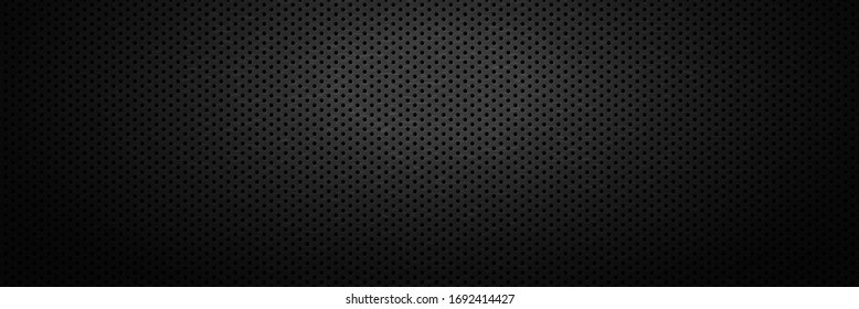 Black metal perforated backdrop with spot of light. Surface of metal plate with round holes. Dark industrial background with perforation. Abstract banner with dots. Monochrome vector illustration.