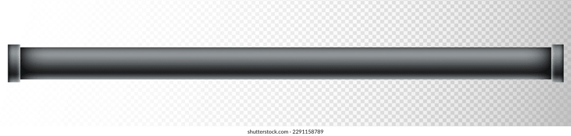 Black metal pipe on transparent background. Realistic long detailed metallic pipeline. Steel pipe. Chrome cylinder. Template for construction, industrial objects. Vector illustration
