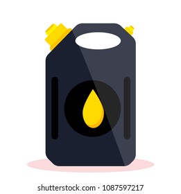 Black metal plastic canister of oil with oil gas icon with label. Modern flat style vector illustrations icons. Isolated on white background. Fuel energy jerrican. Oil Industry. Oil canister. 