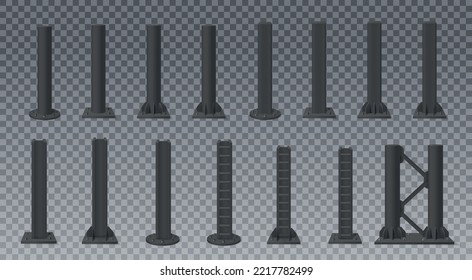 Black metal poles or columns for billboards realistic set isolated on transparent background vector illustration