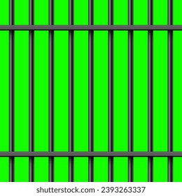 Black metal prison bars on green chroma key background. Detailed jail cage, prison iron fence. Criminal background mockup. Vector illustration