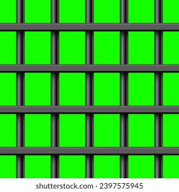 Barras de prisión de metal negro sobre el fondo de la llave de croma verde. Una jaula carcelaria detallada, una cerca de hierro de la prisión. Broma de antecedentes penales. Ilustración del vector