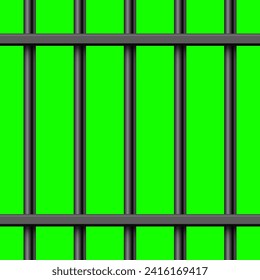 Black metal prison bars on green chroma key background. Detailed jail cage, prison iron fence. Criminal background mockup. Vector illustration