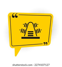 Cremallera de metal negro con pesos adicionales para el icono de la parrilla aislado en fondo blanco. Bodybuilding, fitness, deporte, concepto de estilo de vida saludable. Símbolo amarillo de burbuja de habla. Vector