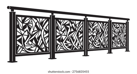 Black metal railing vector illustration, decorative fence with abstract patterns, architectural safety barrier, balcony guard