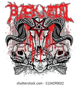 black metal sign with goat skull, grunge vintage design t shirts