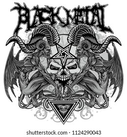 black metal sign with goat skull, grunge vintage design t shirts