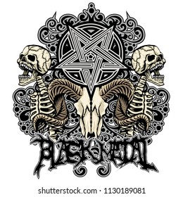 black metal sign,  with skull and pentagram, grunge vintage design t shirts