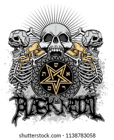 black metal sign skull and pentagram , grunge vintage design t shirts