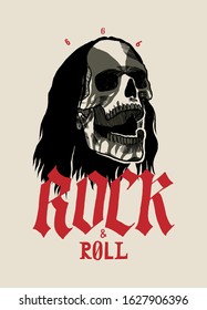 Black Metal Skull With Long Hair And Painted Black And White Face. Rock And Roll Music Vector Illustration.