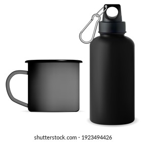 Black metal sport water bottle. Reusable camping cup moockup. Outdoor fitness thermo bottle, reusable tin template. Enamel mug retro design, realistic camping product package