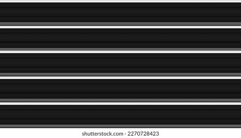 Black metal striped wall background. Realistic line texture urban fence. Plastic siding seamless pattern. Gray repeat planks backdrop. Dark steel construction close up