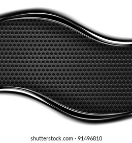 Black metal surface dotted perforated background with dark chrome strip. This vector illustration created in the technique of wire mesh and saved 10 eps