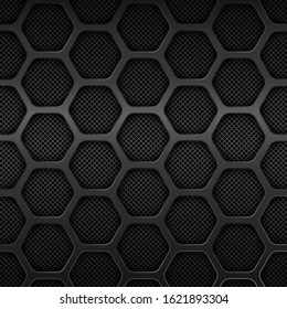 Black metal texture background. Honeycomb pattern. Vector design