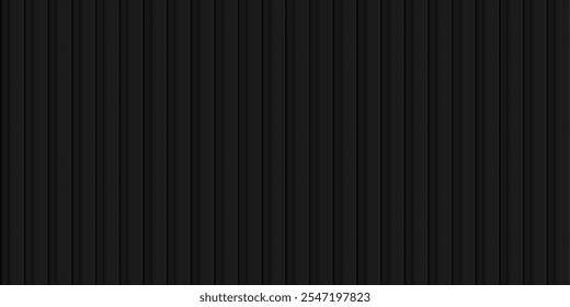 Black metal texture panel background. Abstract gray vertical wall, roof, siding, facade, fence. Modern dark banner with empty place for advertising or product display. Realistic vector illustration.