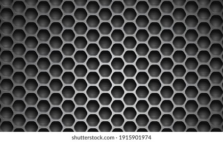 Black metal texture steel background. Perforated sheet metal. 3D Metal. Honeycomb seamless pattern. Black texture background hexagon. Black speaker grid with holes.Steel metal ornament.Vector EPS10