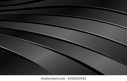 Black metal waves stripes background. Abstract dark metallic stainless steel curve shapes. Dark elegance stripes waves pattern background. Abstract black 3d wavy luxury style. Premium Vector EPS10.