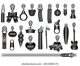 Black metal Zipper puller flat sketch vector illustration set, different types of 3D Plastic Zip pull for fasteners, dresses garments, bags, Fashion illustration, Clothing and Accessories