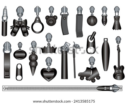 Black metal Zipper puller flat sketch vector illustration set, different types of 3D Plastic Zip pull for fasteners, dresses garments, bags, Fashion illustration, Clothing and Accessories