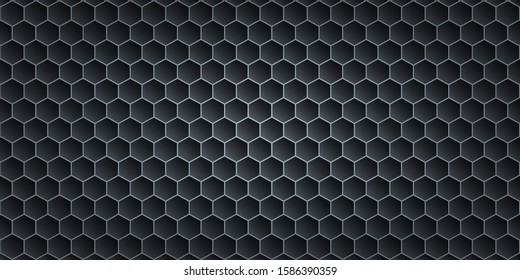 Black metallic abstract background, perforated steel hexagon mesh. Dark mockup for cool banners, vector illustration.