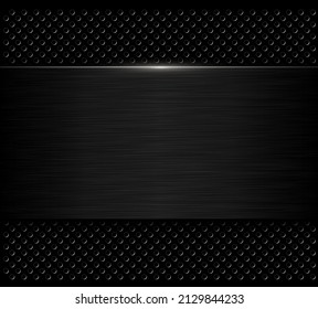 Black metallic background, brushed metal banner on perforated pattern back, 3D dark plate texture vector illustration.