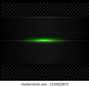 Black metallic background, brushed metal banner on perforated texture, 3D dark pattern design with green glowing light, vector illustration.