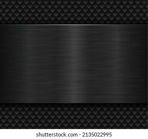 Black metallic background, brushed metal banner on perforated pattern back, 3D dark plate texture vector illustration.