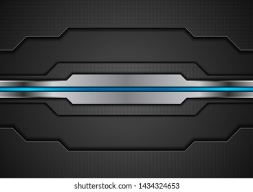 Diseño tecnológico de concepto negro y metálico con banda azul brillante. Fondo del vector