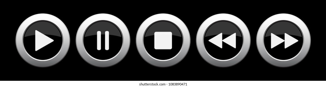 black metallic music control buttons set - five icons with shadows in front of a black background
