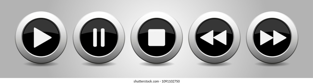 black metallic music control buttons set - five icons with shadows in front of a silver background