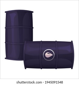 Black metallic oil barrel. Petrol pollution, industrial fuel, chemical tank concept. Stock vector illustration in cartoon realistic style isolated on white