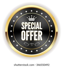 Black metallic special offer badge with gold border