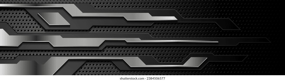 Black and metallic technology abstract geometric background. Vector banner design