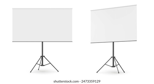 Black metallic tripod with whiteboard for presentation. Realistic 3d vector mockup of blank flipchart on metal stand for business and education seminar. template of empty portable projector screen.