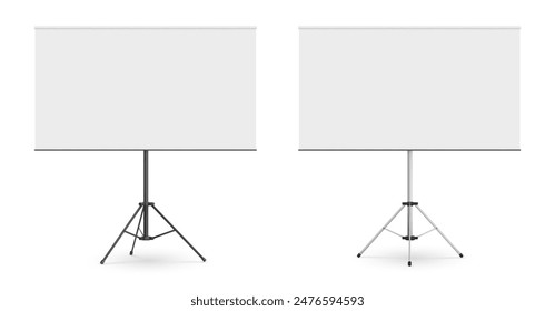 Black metallic tripod with whiteboard for presentation. Realistic 3d vector mockup of blank flipchart on metal stand for business and education seminar. template of empty portable projector screen.