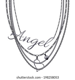 Black metallic tromp e-l' necklace with word Angel and hearts.