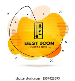 Black Meteorology thermometer measuring heat and cold icon isolated on white background. Thermometer equipment showing hot or cold weather. Abstract banner with liquid shapes. Vector Illustration