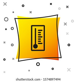 Black Meteorology thermometer measuring heat and cold icon isolated on white background. Thermometer equipment showing hot or cold weather. Yellow square button. Vector Illustration
